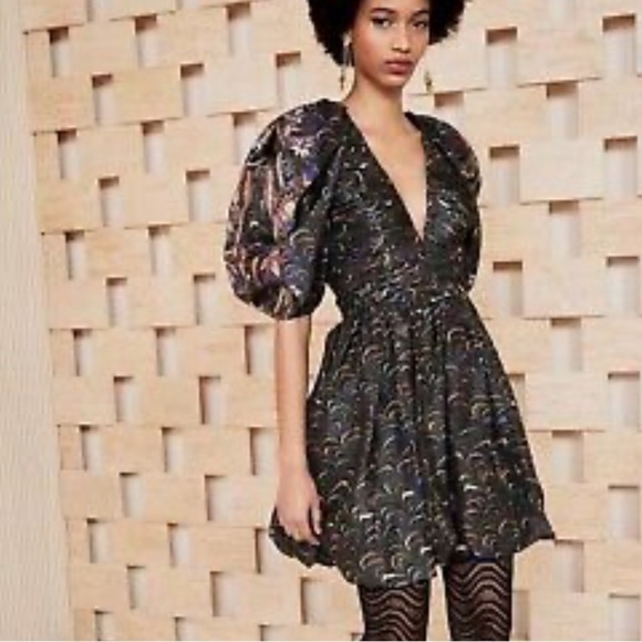 Ulla Johnson- Black Multicolored Obsidian Gwen Puff Sleeve Mini Cocktail Dress - Picture 2 of 6